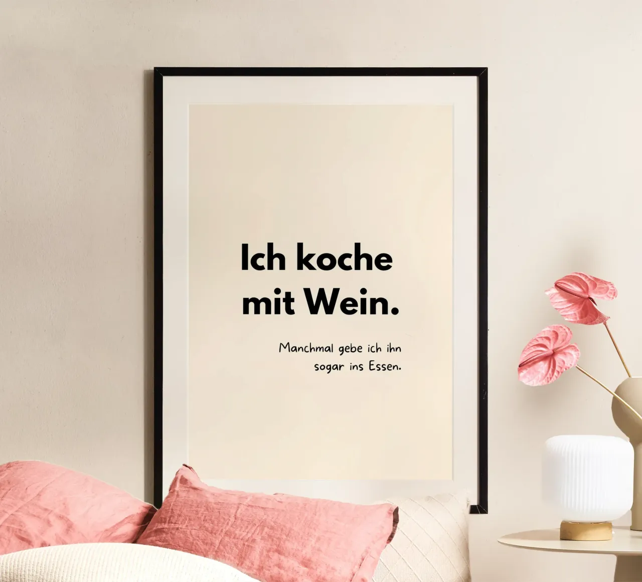 Ich koche mit Wein | Lustiges Küchenposter poster con telaio in alluminio da PrintCessStudio