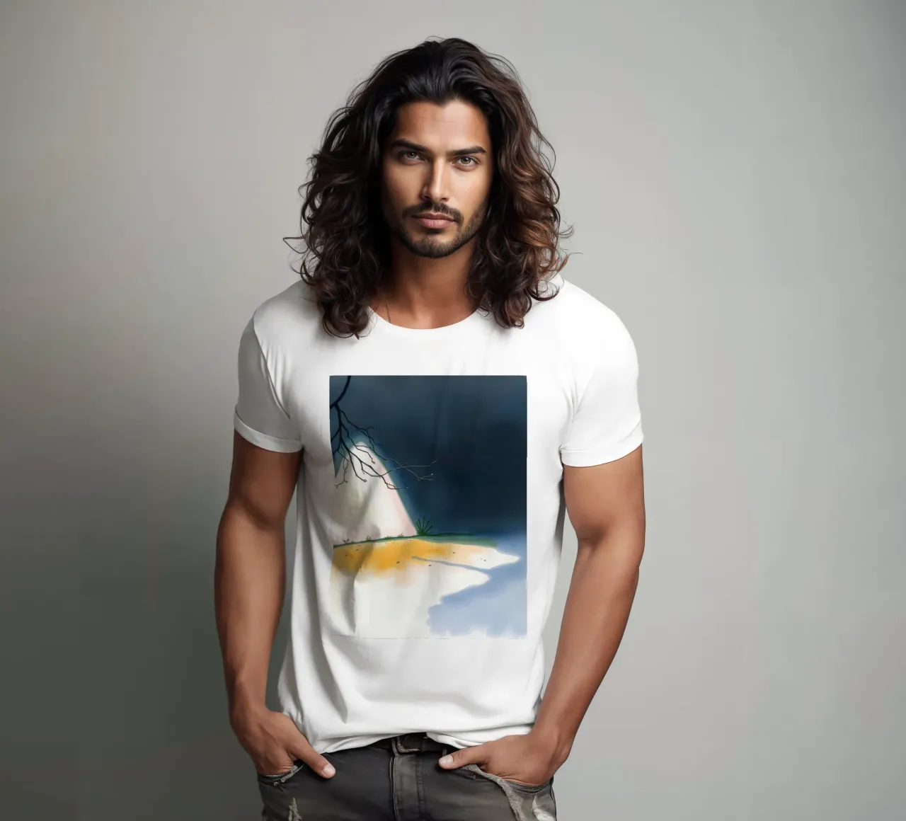 Illuminated patch of ground under a dark sky t-shirt by DesignDoodle
