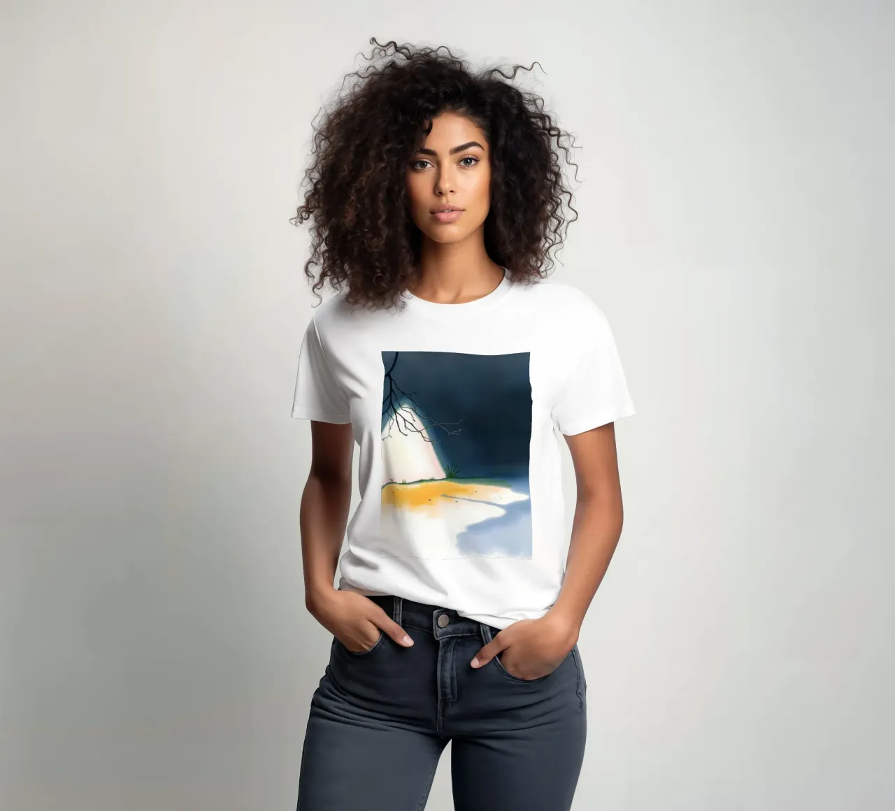 Illuminated patch of ground under a dark sky t-shirt by DesignDoodle