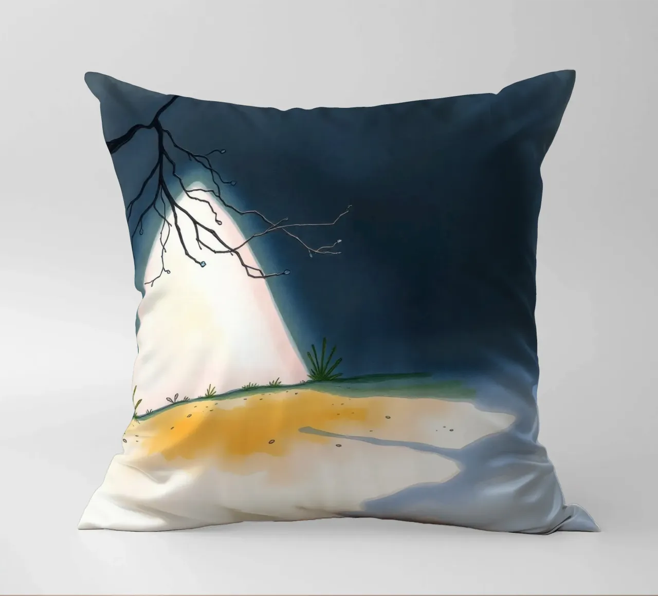Illuminated patch of ground under a dark sky decorative cushion by DesignDoodle