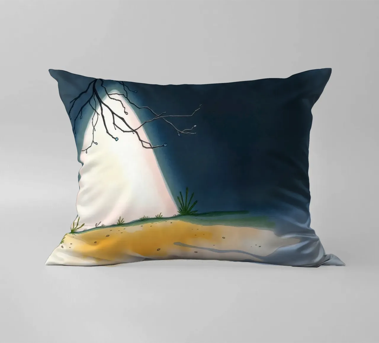 Illuminated patch of ground under a dark sky decorative cushion by DesignDoodle