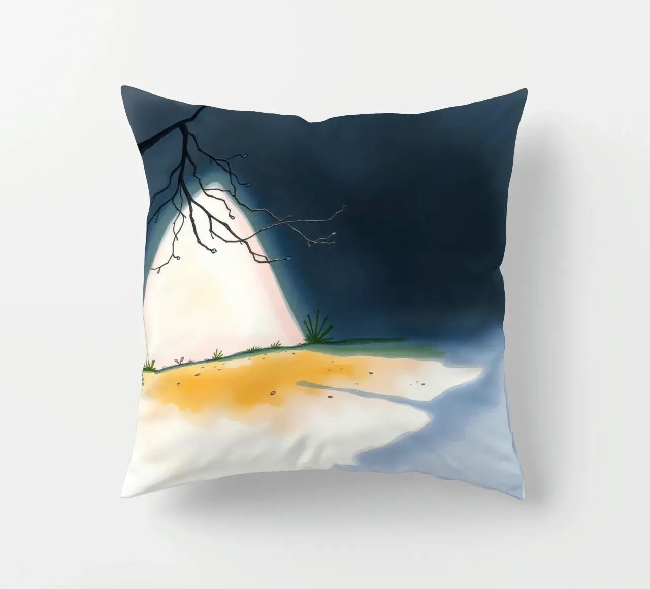 Illuminated patch of ground under a dark sky decorative cushion by DesignDoodle