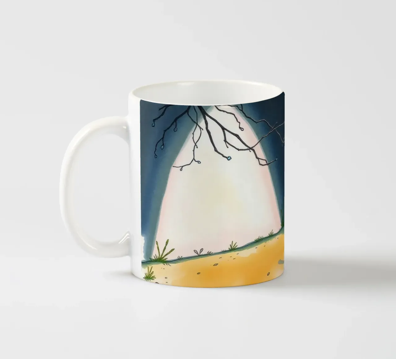 Illuminated patch of ground under a dark sky ceramic mug by DesignDoodle