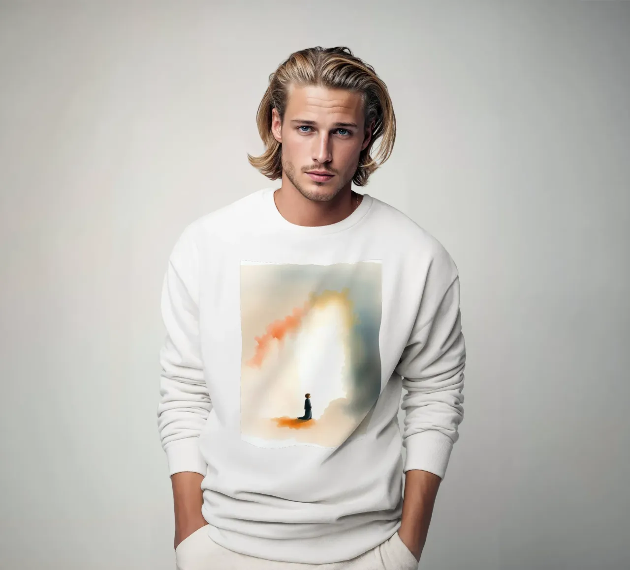 Bambino in piedi davanti a una luce colorata e a una nebbia scura all'alba felpa da DesignDoodle