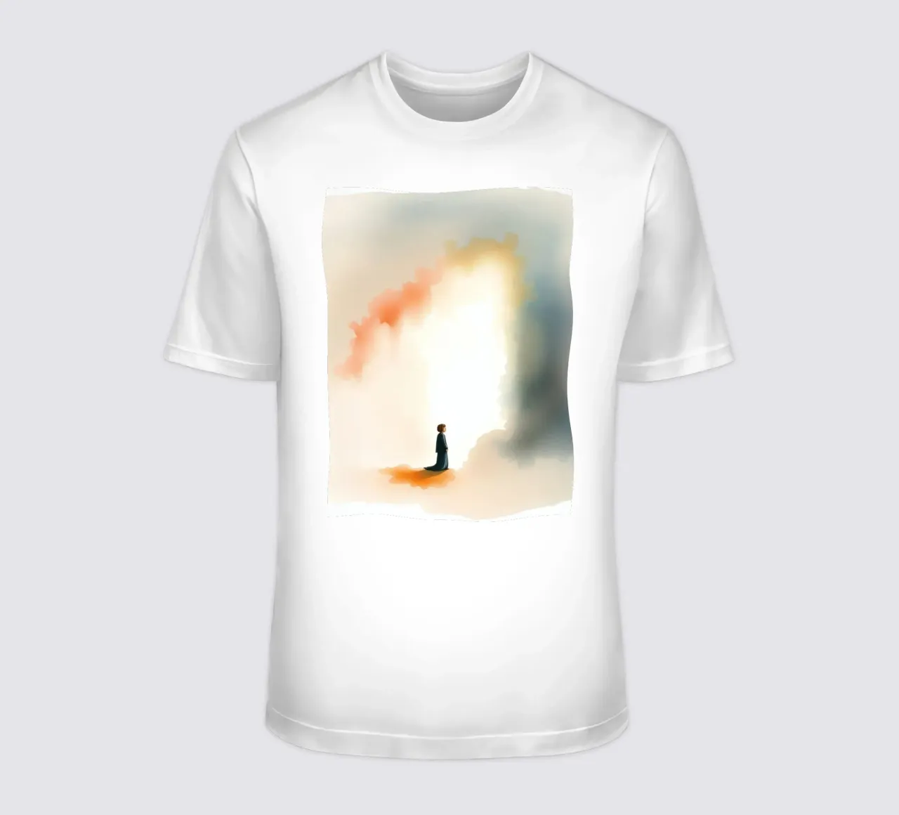 Bambino in piedi davanti a una luce colorata e a una nebbia scura all'alba t-shirt da DesignDoodle