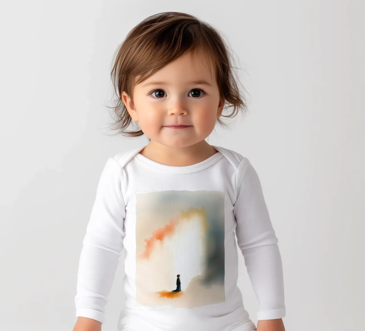 Bambino in piedi davanti a una luce colorata e a una nebbia scura all'alba body neonato maniche lunghe da DesignDoodle