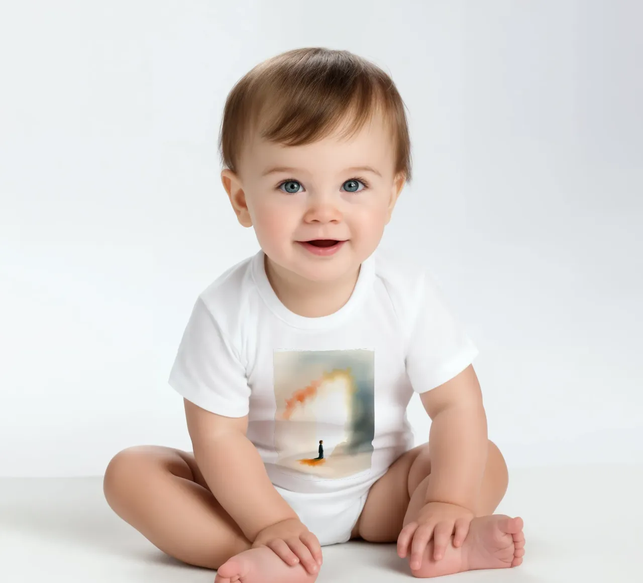 Bambino in piedi davanti a una luce colorata e a una nebbia scura all'alba body neonato maniche corte da DesignDoodle