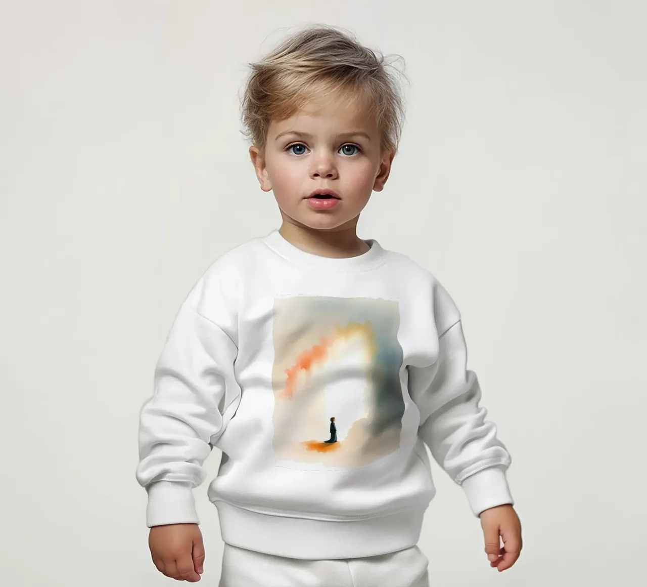 Bambino in piedi davanti a una luce colorata e a una nebbia scura all'alba felpa neonato da DesignDoodle