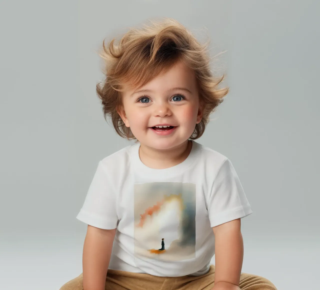 Bambino in piedi davanti a una luce colorata e a una nebbia scura all'alba maglietta neonato da DesignDoodle