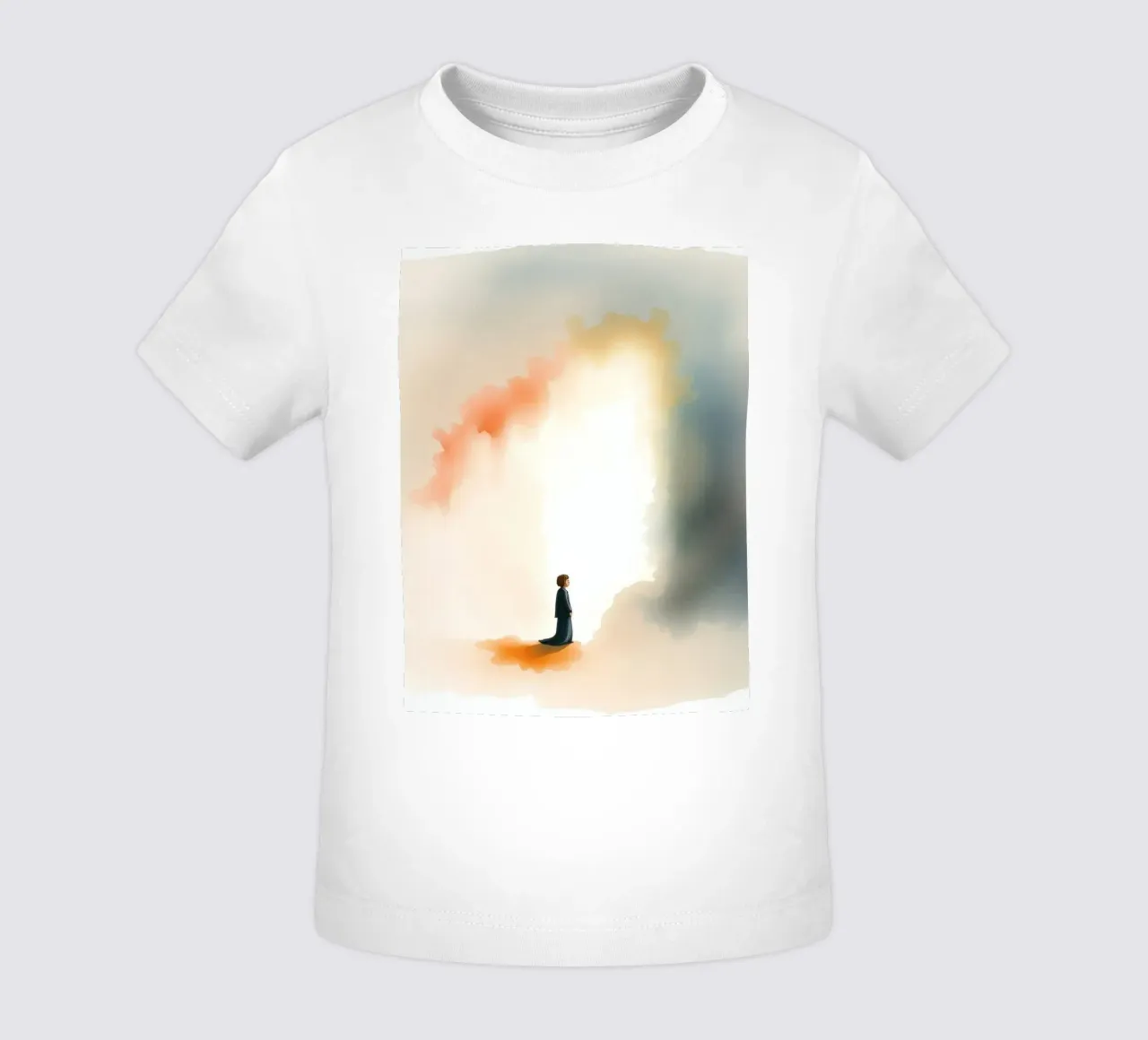 Bambino in piedi davanti a una luce colorata e a una nebbia scura all'alba maglietta neonato da DesignDoodle