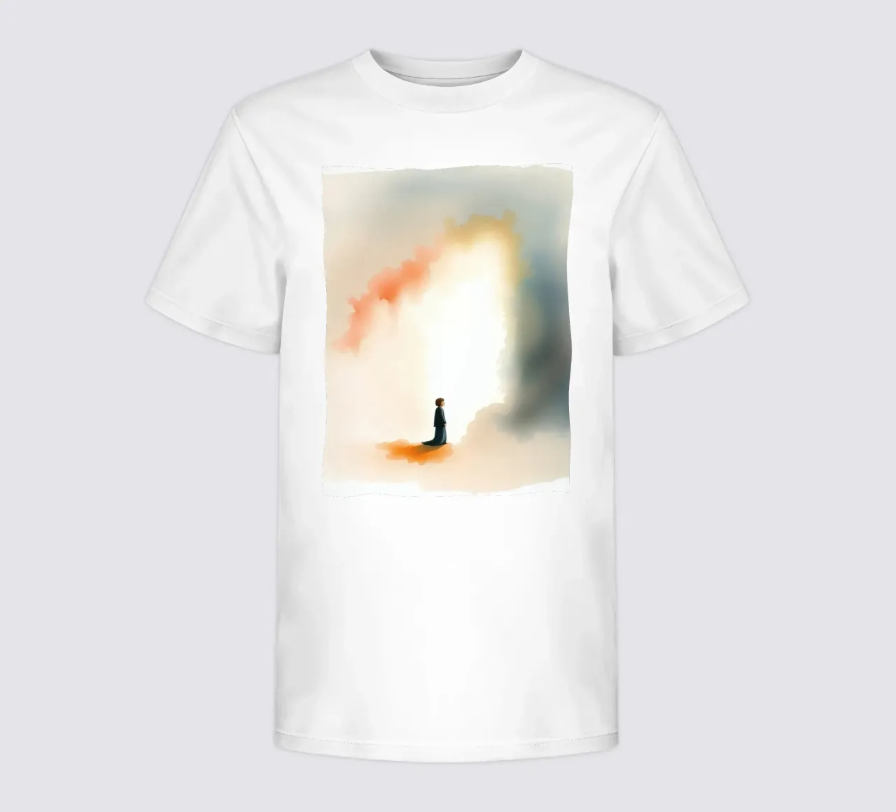 Bambino in piedi davanti a una luce colorata e a una nebbia scura all'alba t-shirt bambini da DesignDoodle