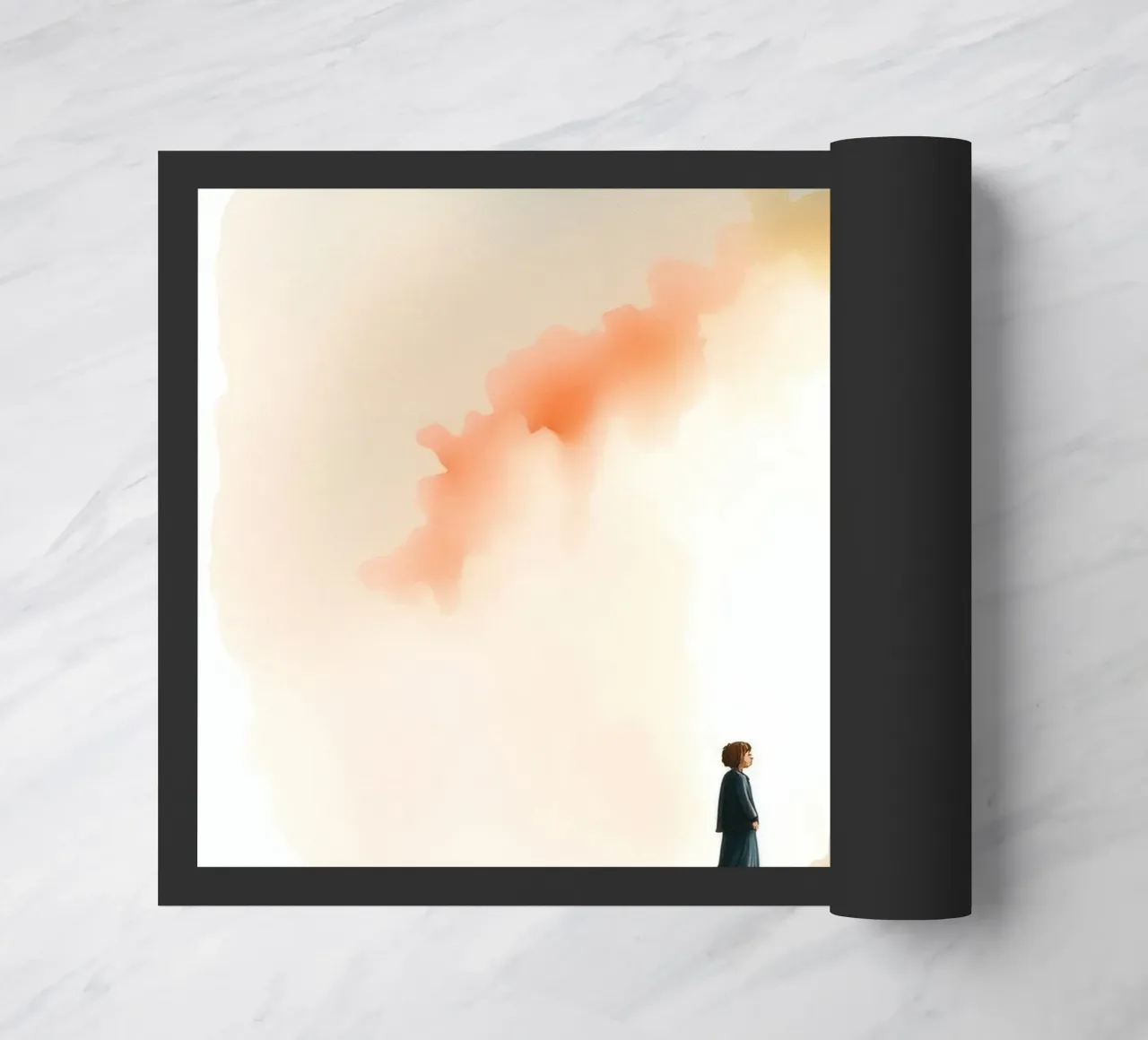 Bambino in piedi davanti a una luce colorata e a una nebbia scura all'alba zerbino da DesignDoodle