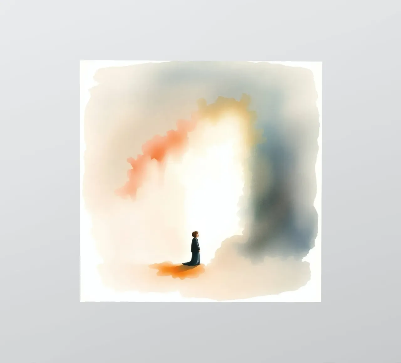 Un enfant se tient devant une lumière colorée et une brume sombre à l'aube. autocollant de DesignDoodle