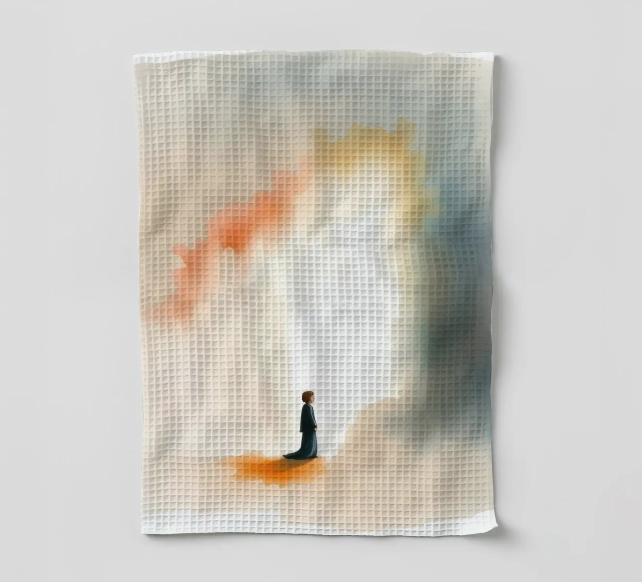 Un enfant se tient devant une lumière colorée et une brume sombre à l'aube. torchon de DesignDoodle