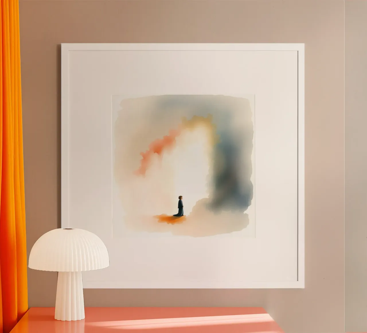 Bambino in piedi davanti a una luce colorata e a una nebbia scura all'alba poster con telaio in legno da DesignDoodle