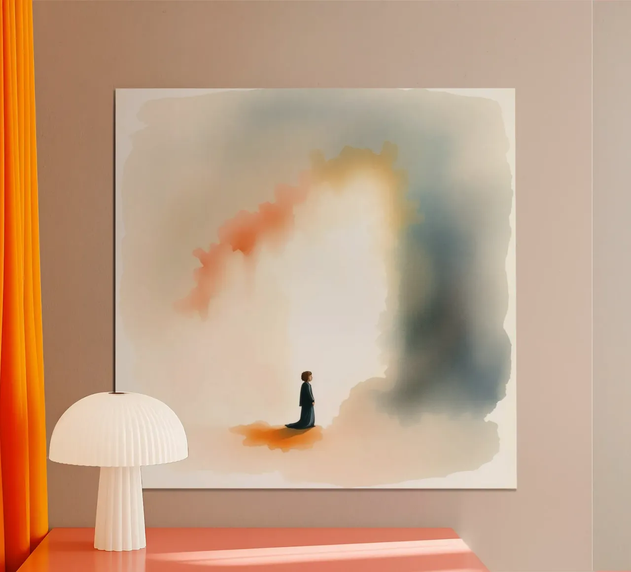 Bambino in piedi davanti a una luce colorata e a una nebbia scura all'alba poster con telaio in legno da DesignDoodle