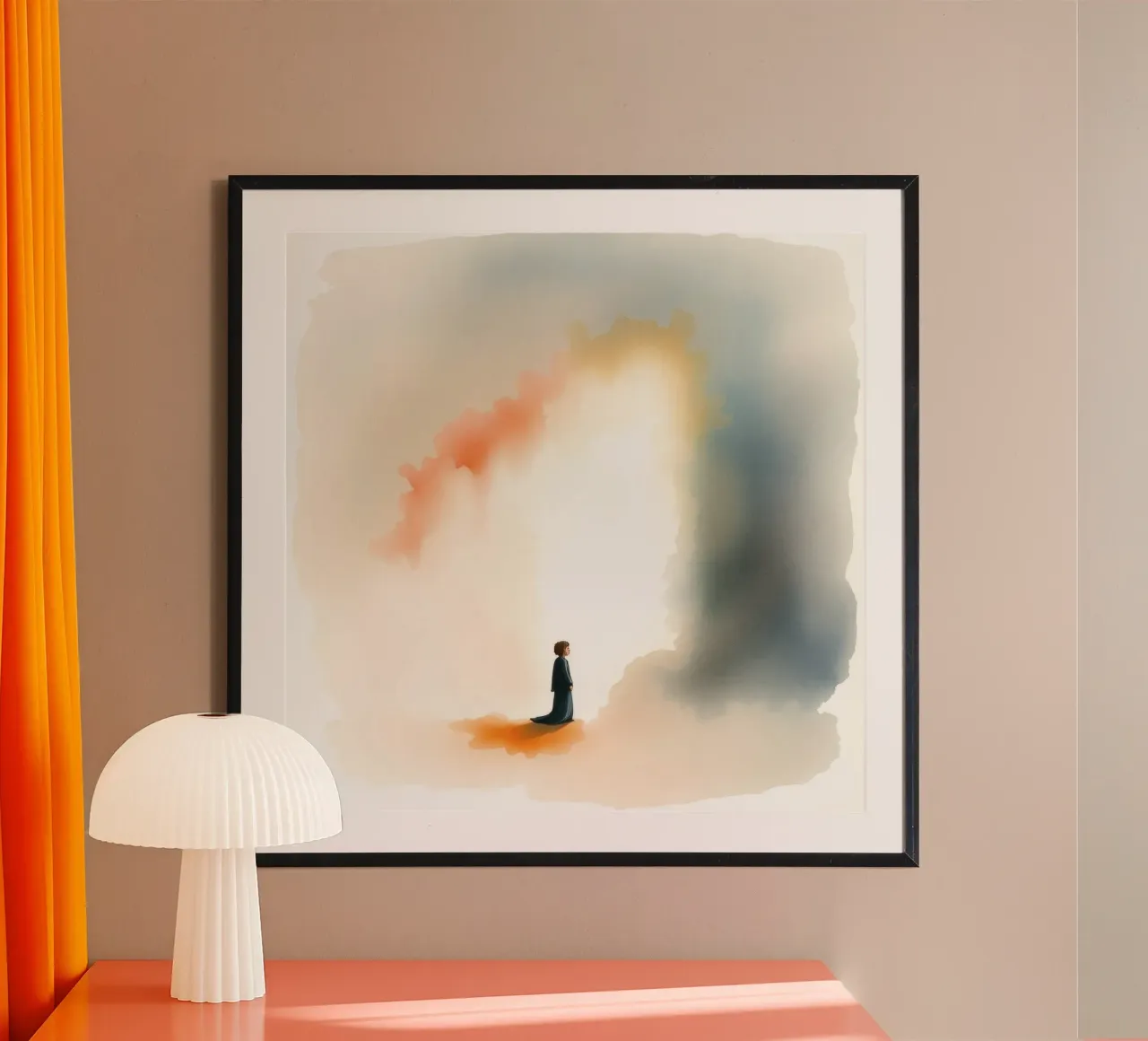 Bambino in piedi davanti a una luce colorata e a una nebbia scura all'alba poster con telaio in legno da DesignDoodle