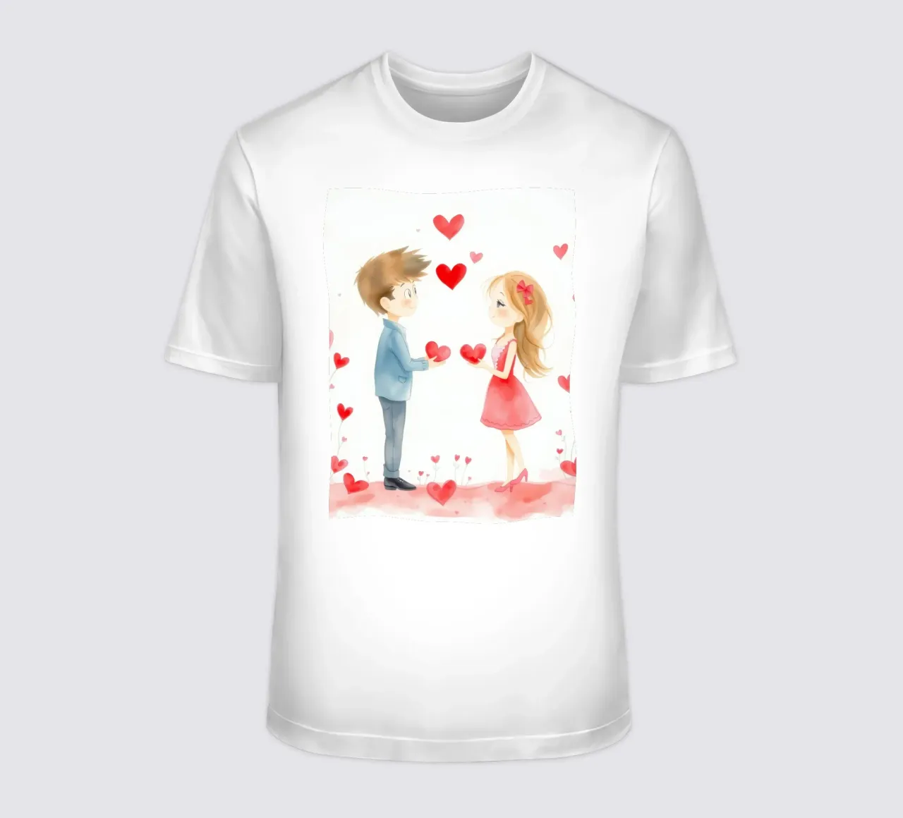 Jeune couple échangeant des symboles de cœur dans une atmosphère romantique t-shirt de DesignDoodle