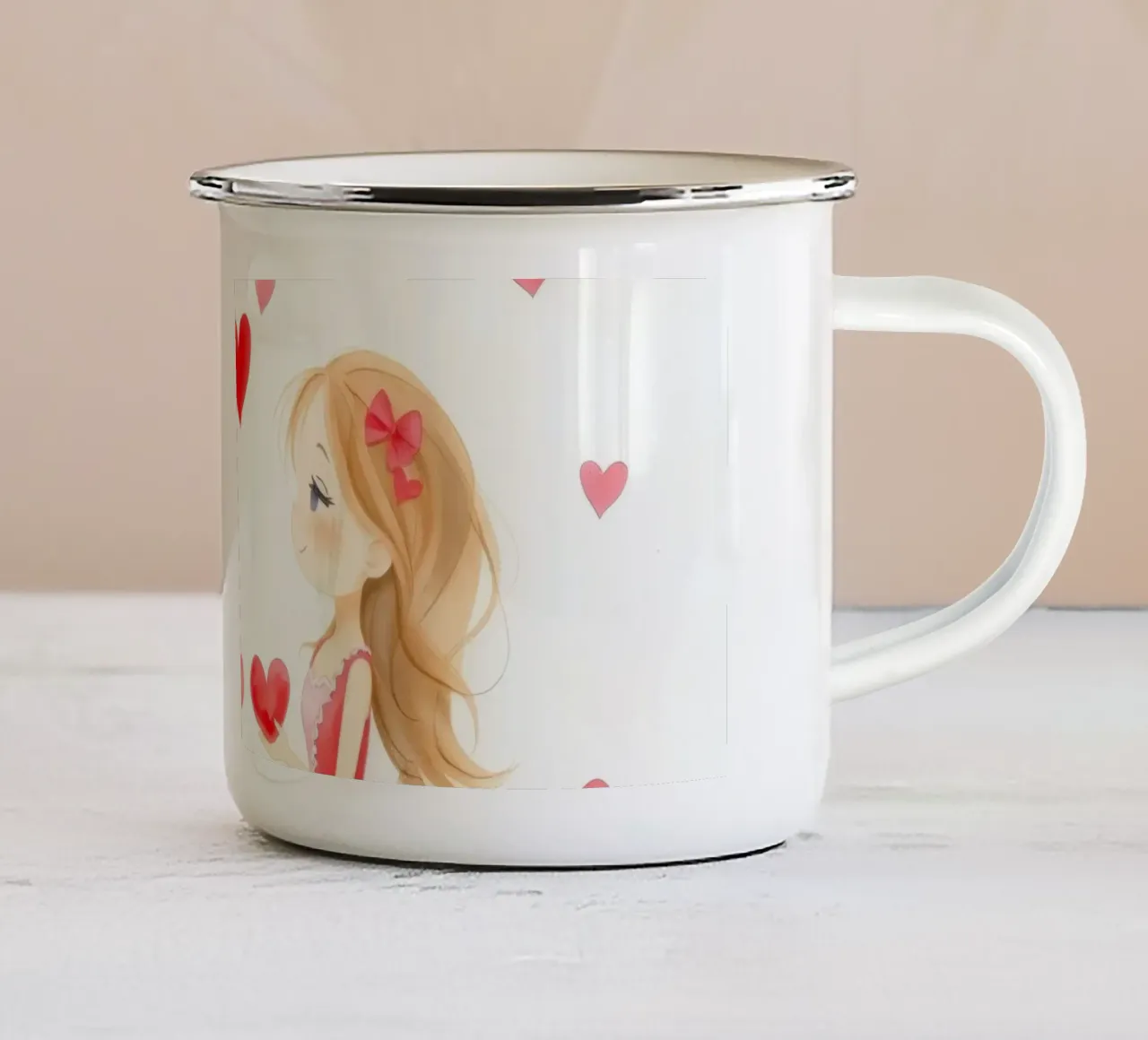 Young couple exchanging heart symbols in romantic atmosphaer enamel mug by DesignDoodle