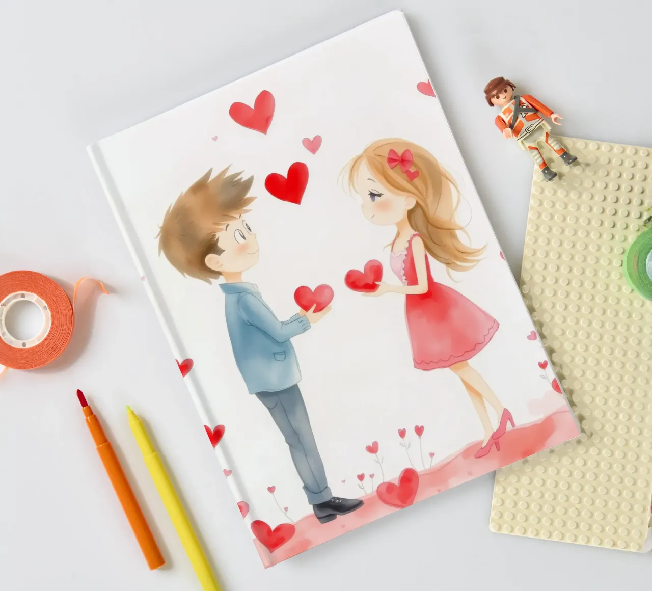 Young couple exchanging heart symbols in romantic atmosphaer notebook by DesignDoodle