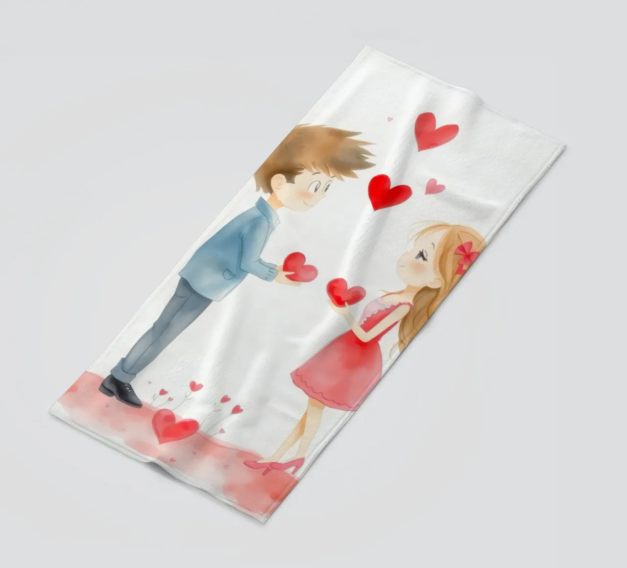 Young couple exchanging heart symbols in romantic atmosphaer beach towel by DesignDoodle