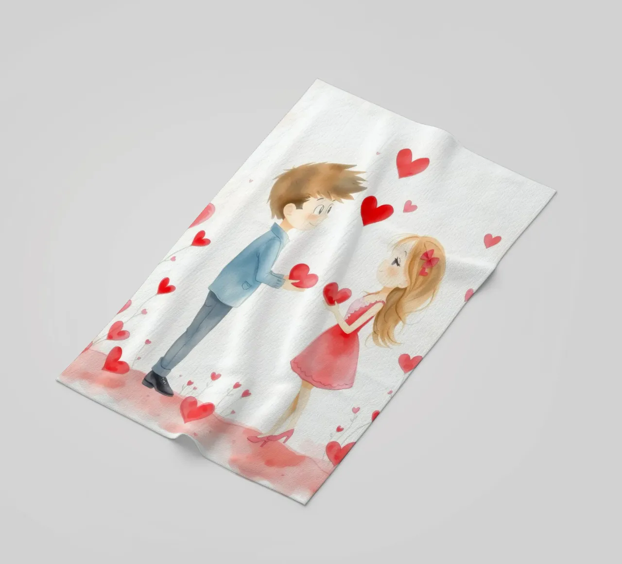 Young couple exchanging heart symbols in romantic atmosphaer beach towel by DesignDoodle