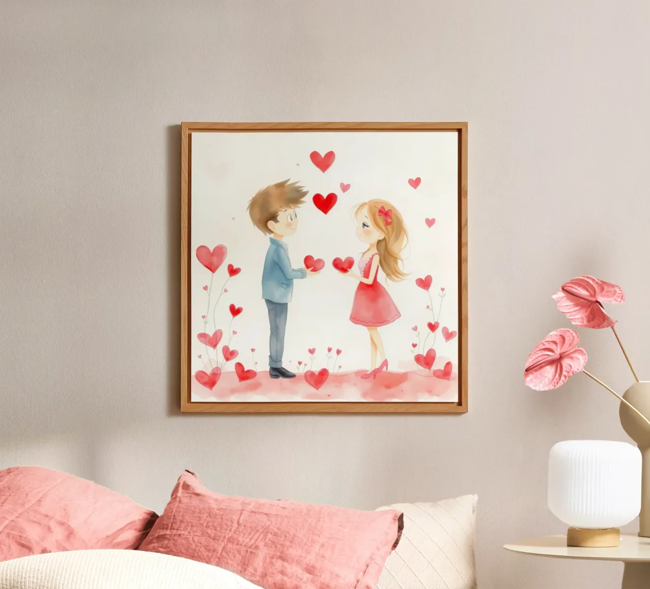 Young couple exchanging heart symbols in romantic atmosphaer alu-dibond by DesignDoodle