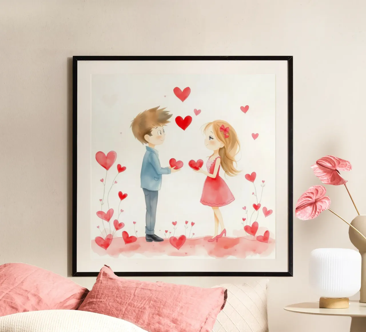 Young couple exchanging heart symbols in romantic atmosphaer hahnemühle by DesignDoodle