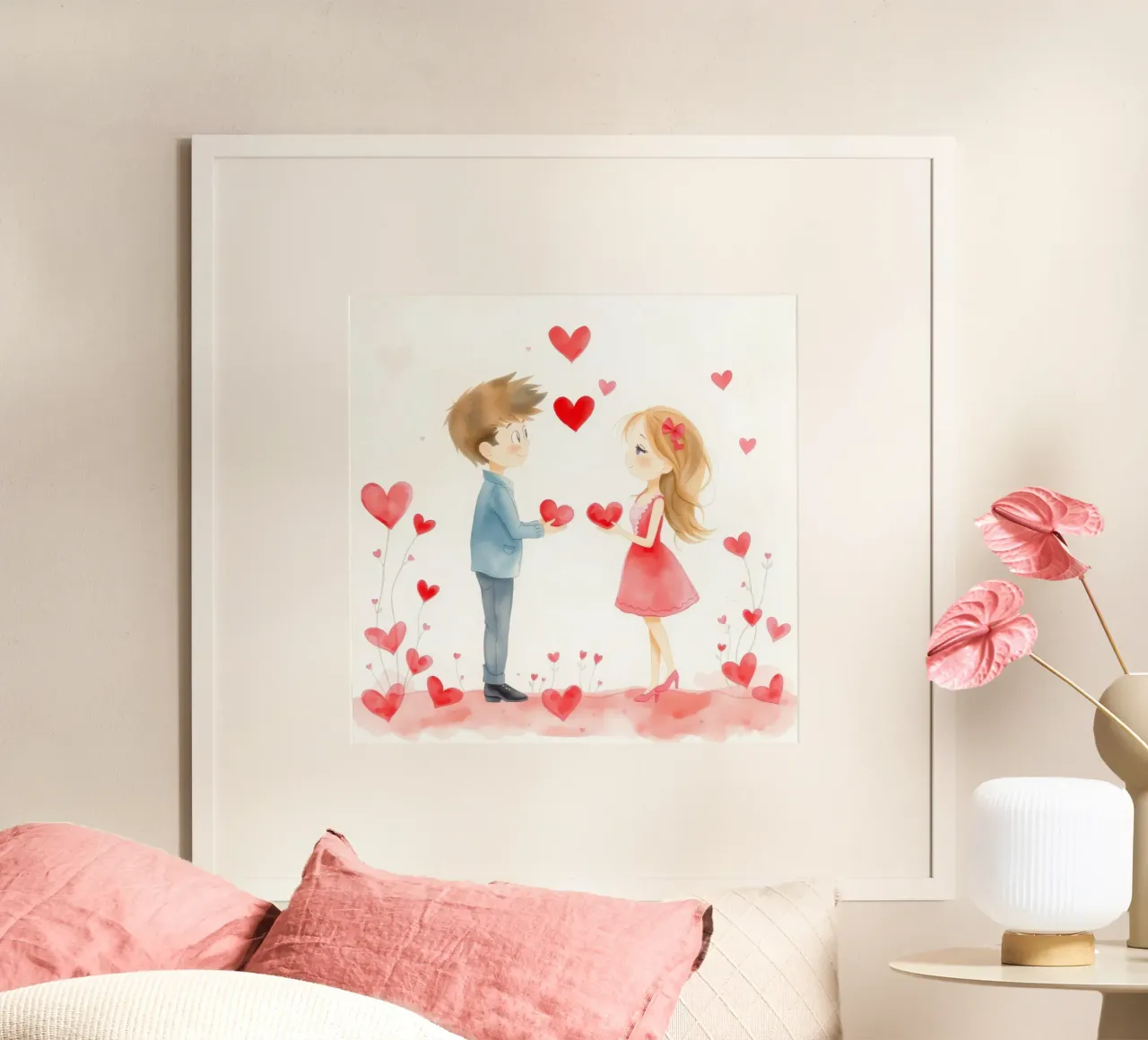 Young couple exchanging heart symbols in romantic atmosphaer hahnemühle by DesignDoodle