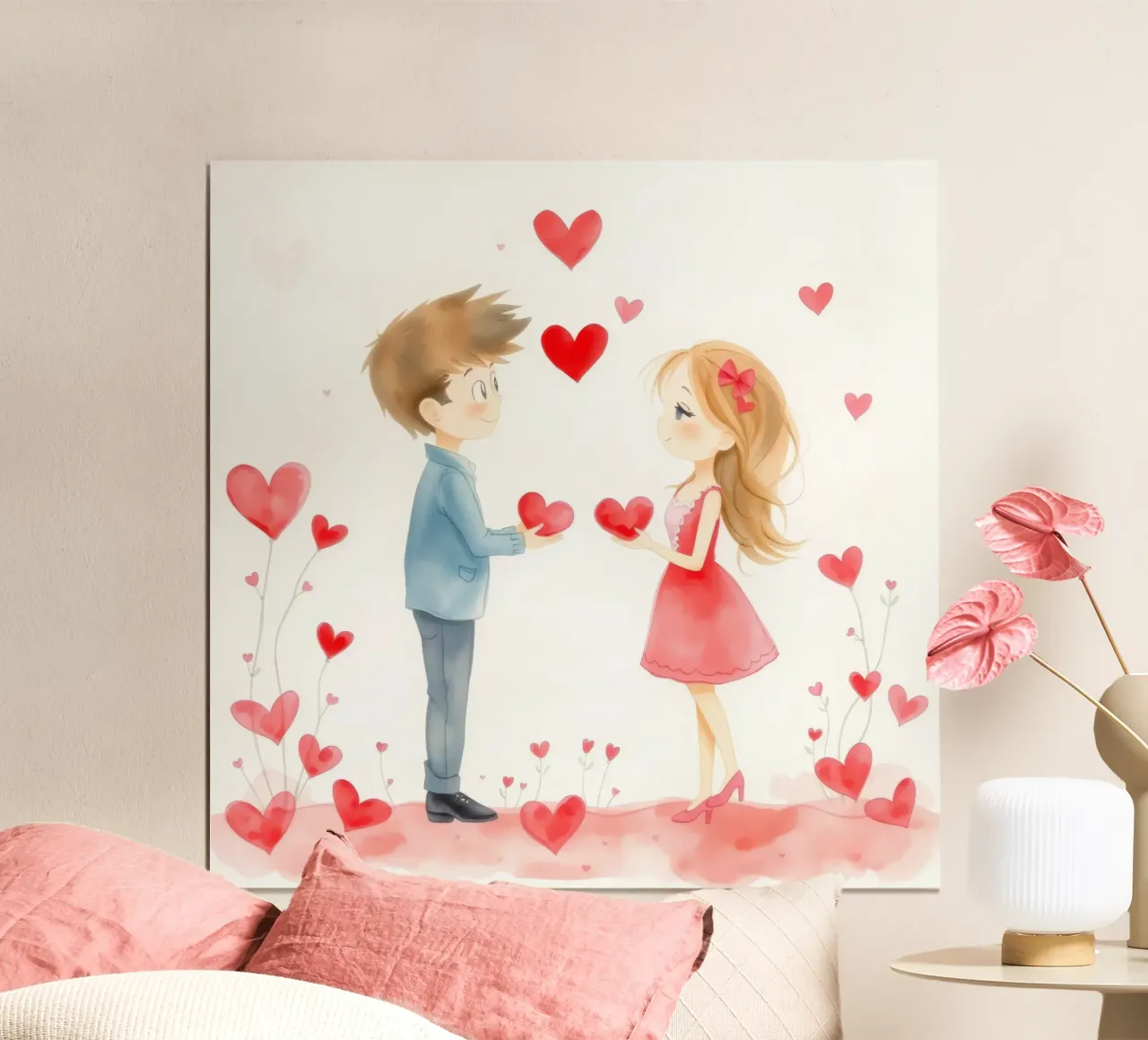 Young couple exchanging heart symbols in romantic atmosphaer hahnemühle by DesignDoodle