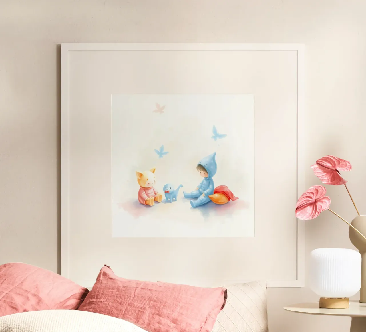 Bambini e simpatici animali che giocano insieme poster con telaio in plastica da DesignDoodle