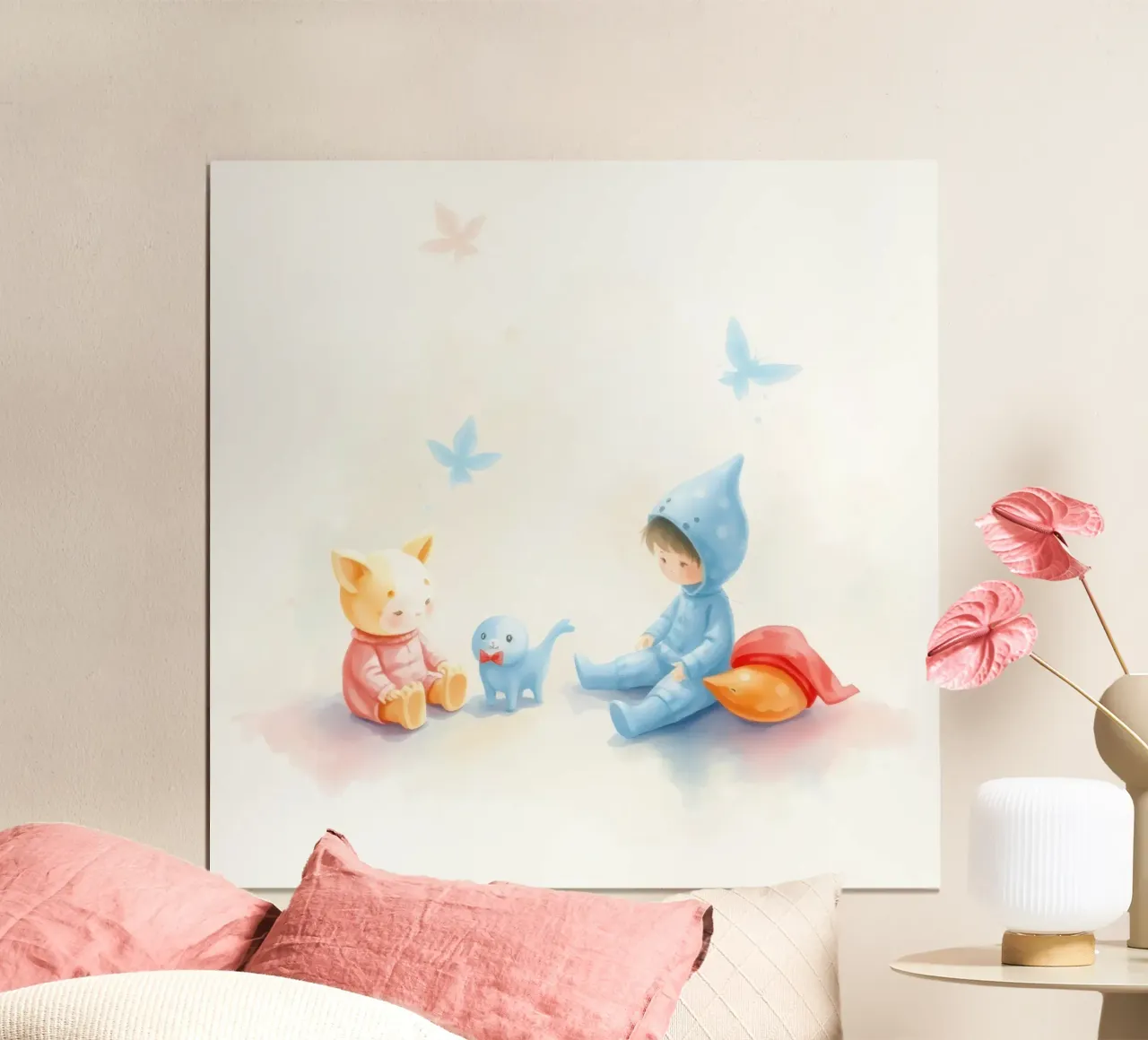 Bambini e simpatici animali che giocano insieme poster con telaio in plastica da DesignDoodle