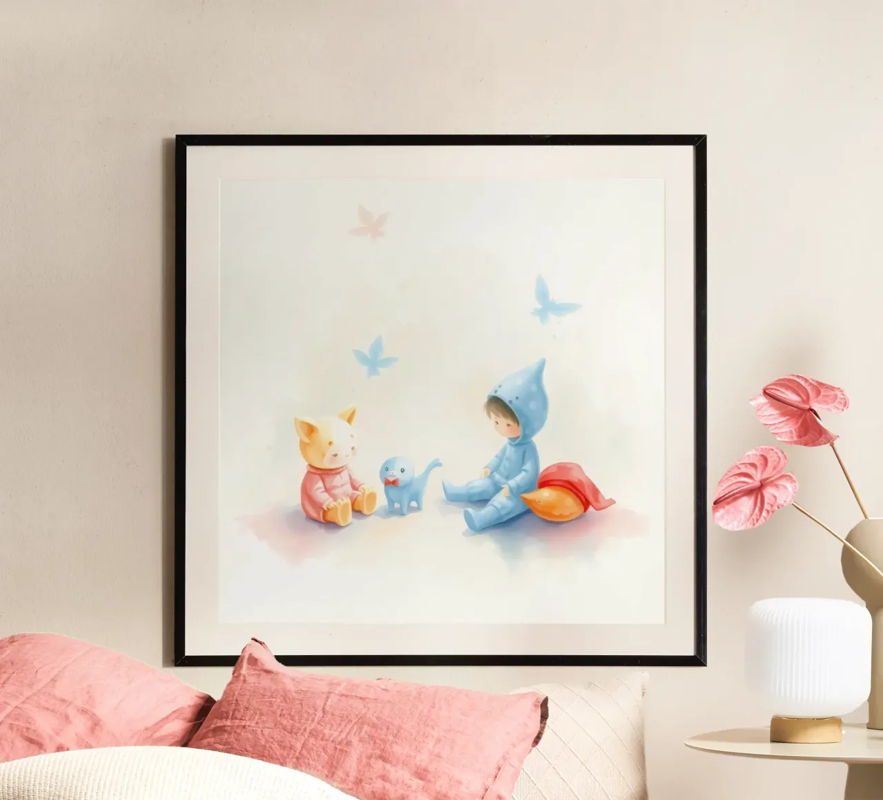 Bambini e simpatici animali che giocano insieme poster con telaio in plastica da DesignDoodle