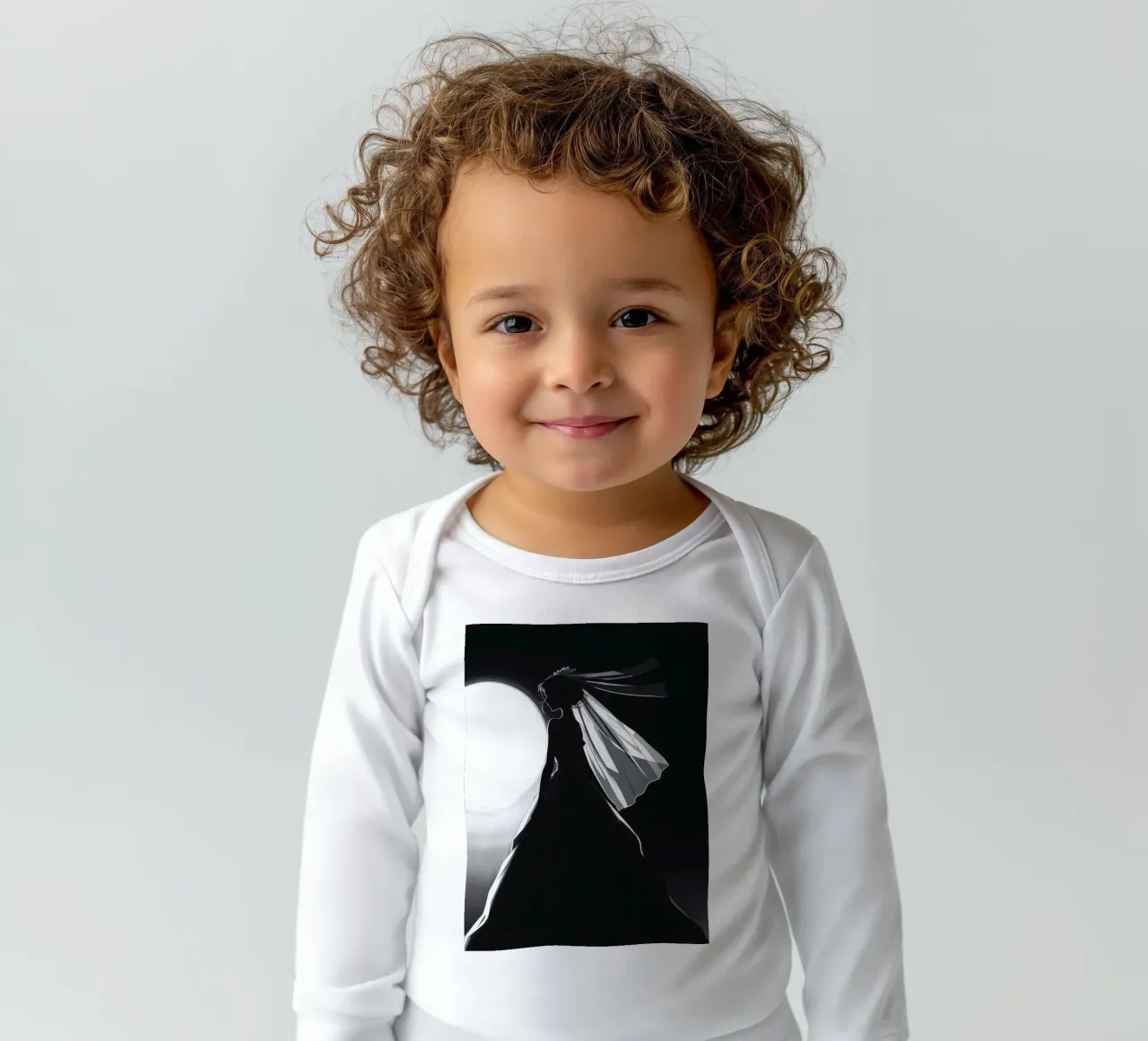 Bride in silhouette against full moon capturing the moment long-sleeve baby romper by DesignDoodle