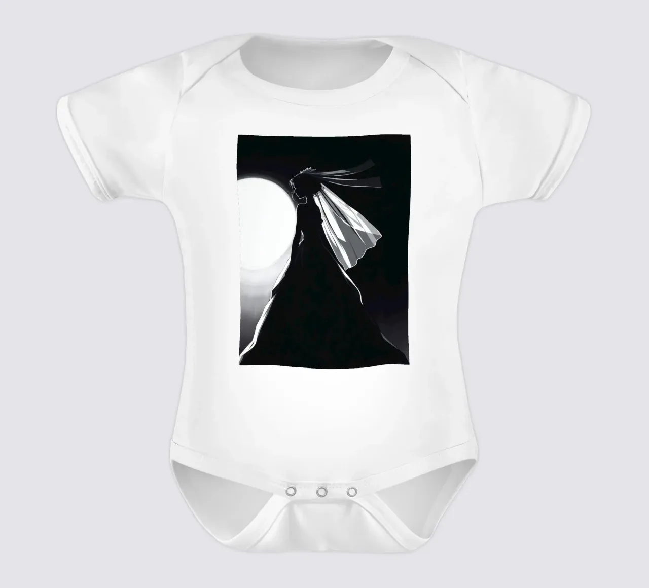 Bride in silhouette against full moon capturing the moment short-sleeve baby romper by DesignDoodle