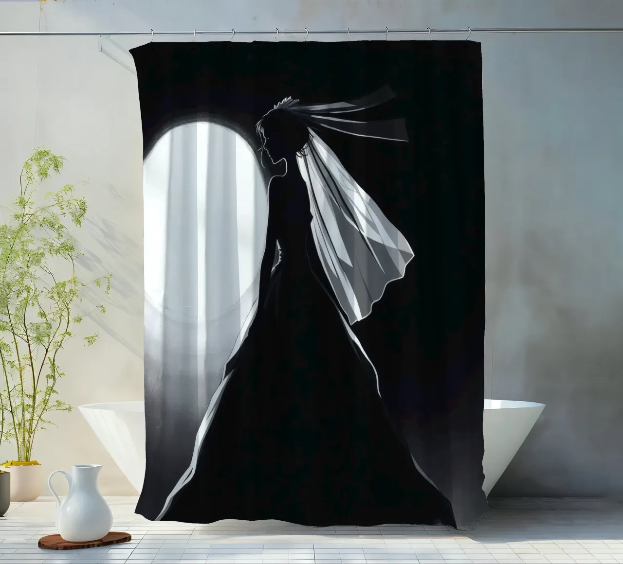 Bride in silhouette against full moon capturing the moment shower curtain by DesignDoodle