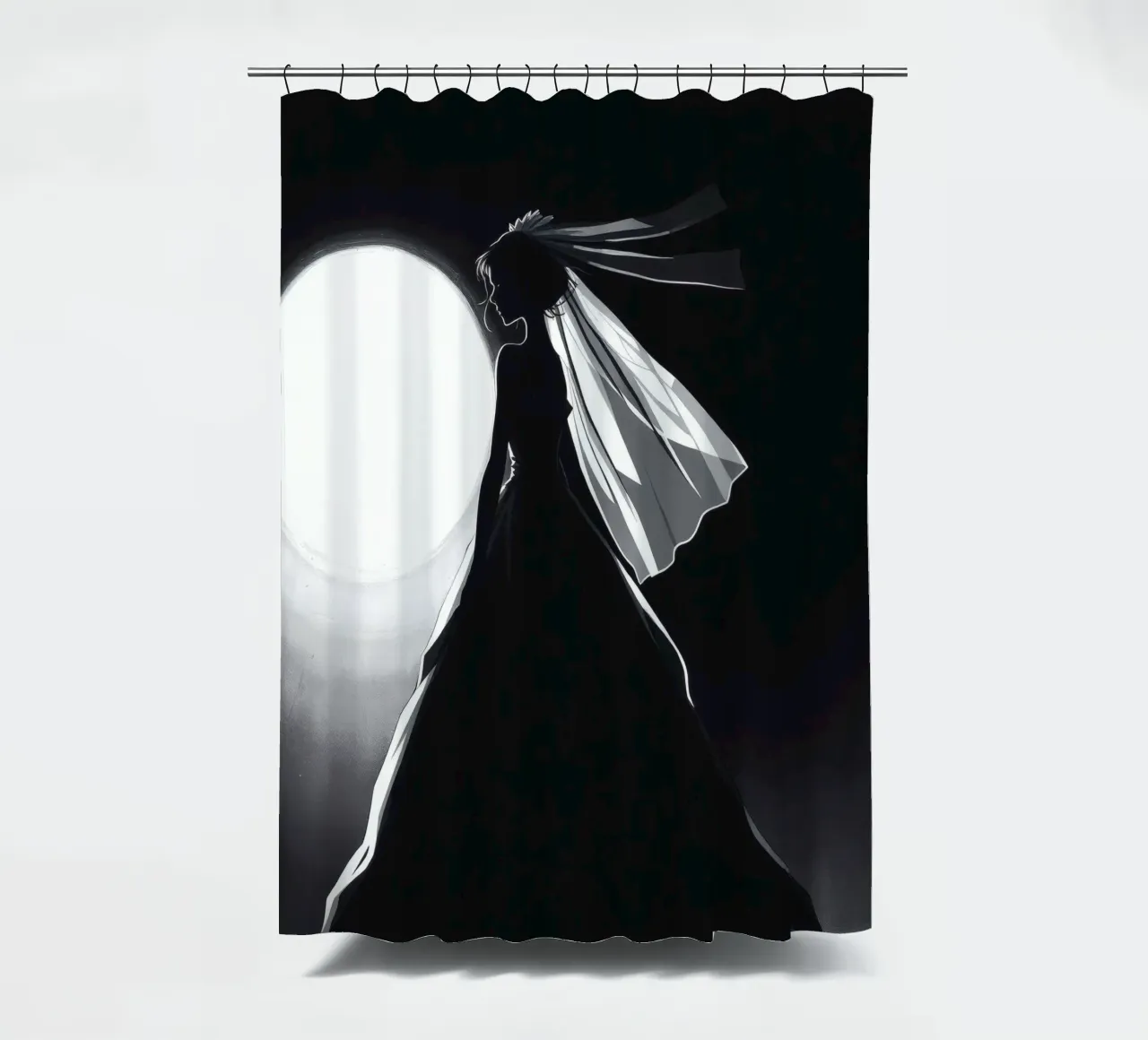 Bride in silhouette against full moon capturing the moment shower curtain by DesignDoodle