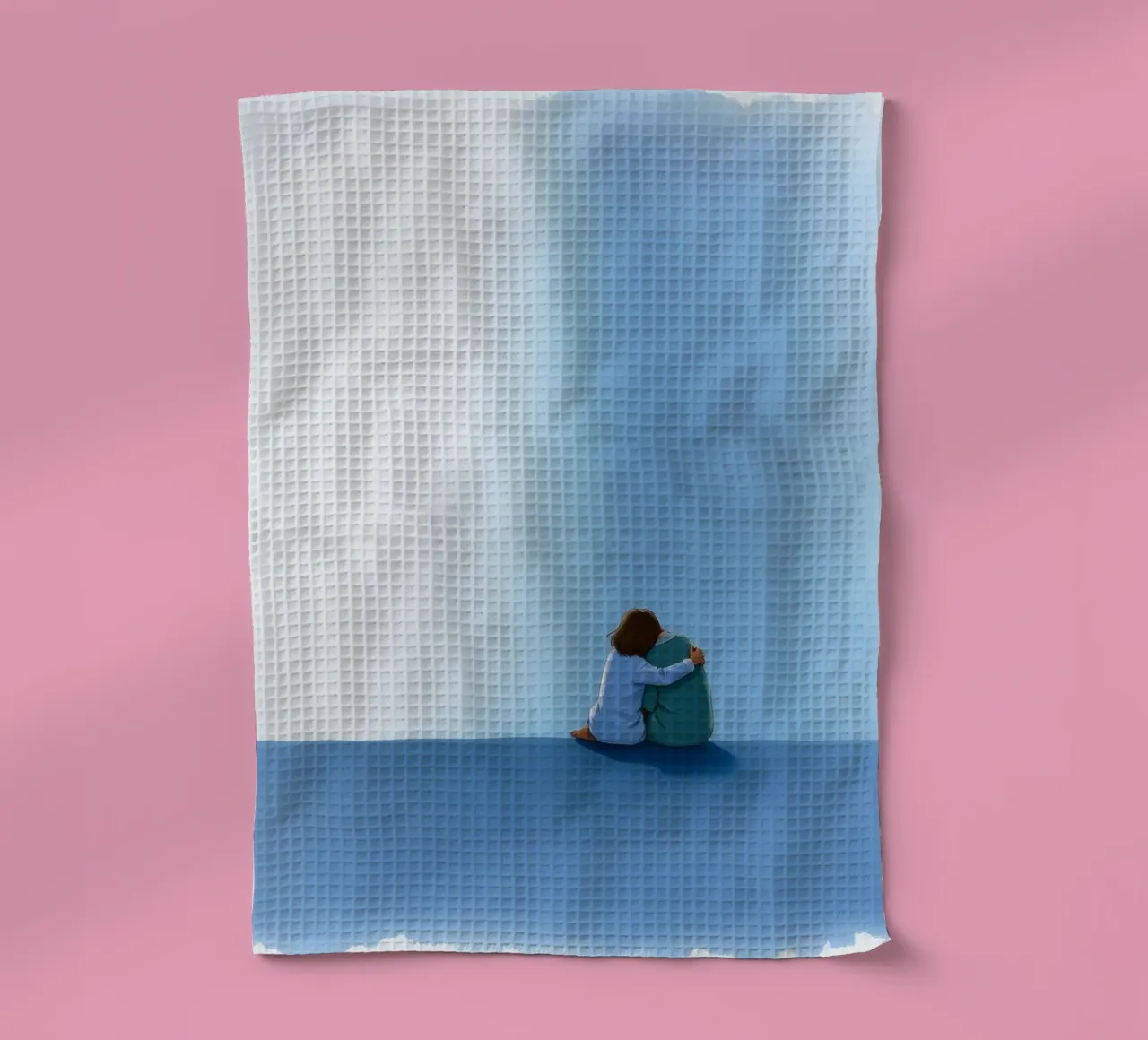 couple assis sur une surface bleue, s'embrassant doucement torchon de DesignDoodle