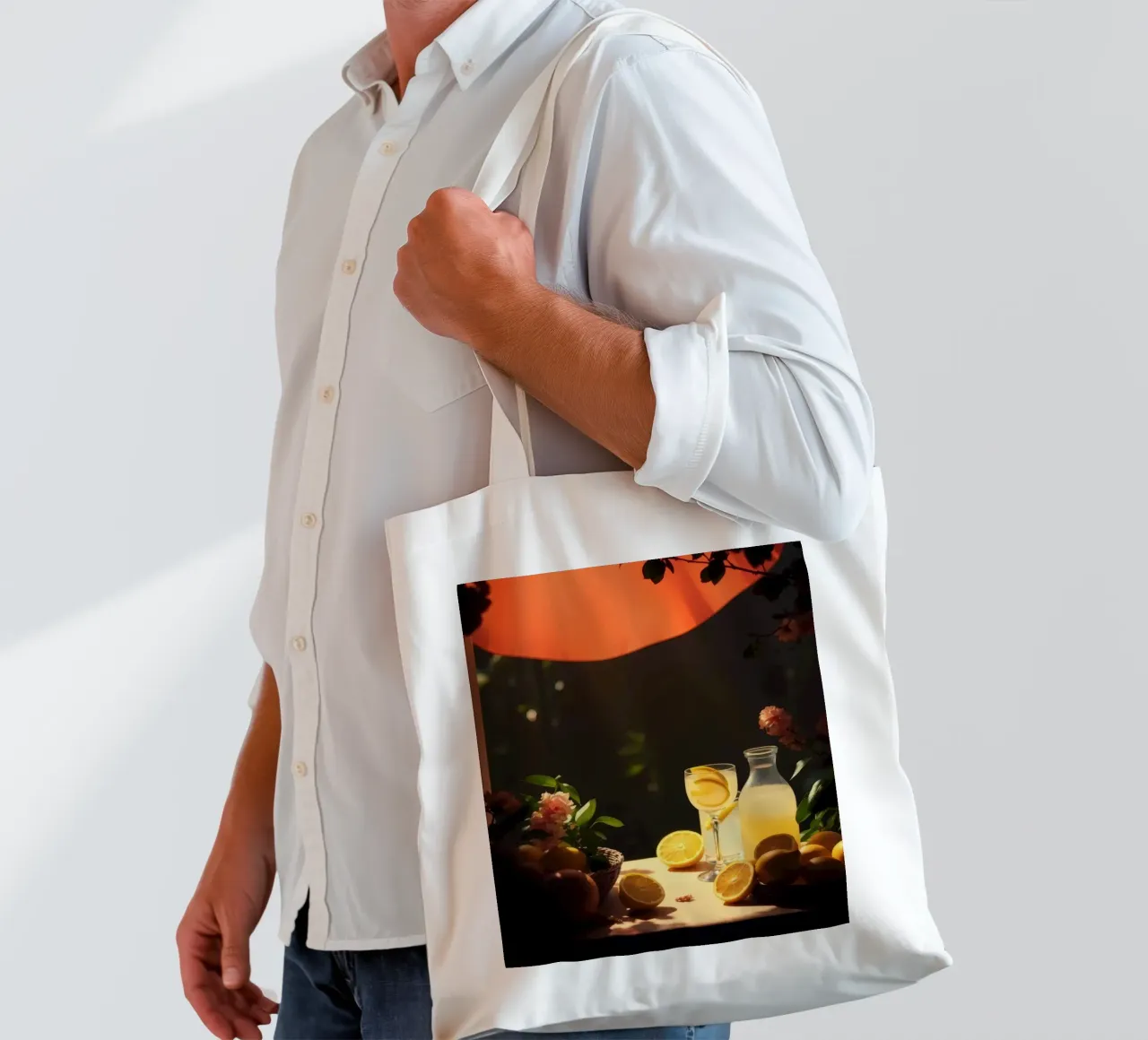 Limonata rinfrescante in un ambiente accogliente con limoni e fiori borsa in juta da DesignDoodle