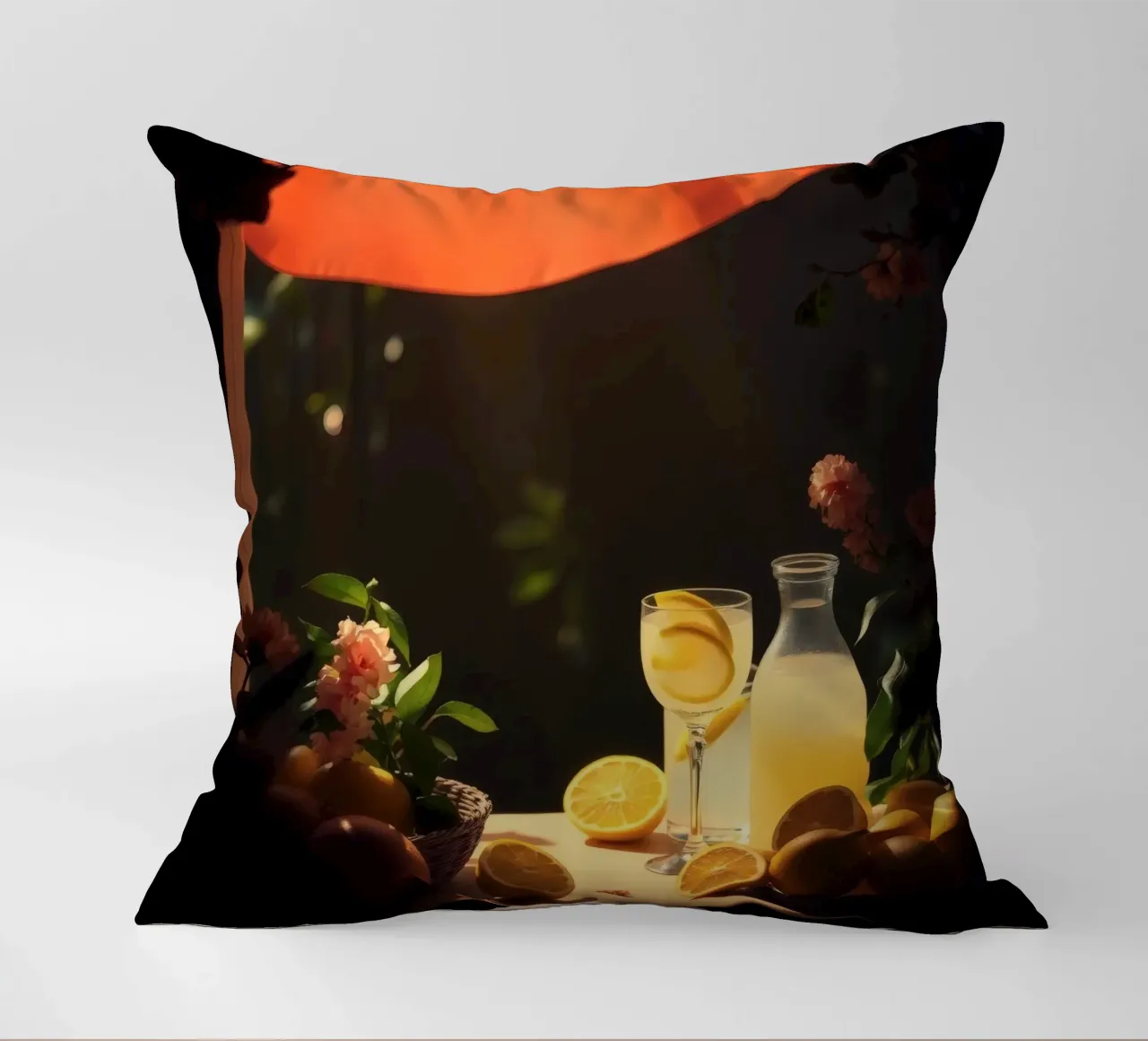 Limonata rinfrescante in un ambiente accogliente con limoni e fiori cuscino da DesignDoodle