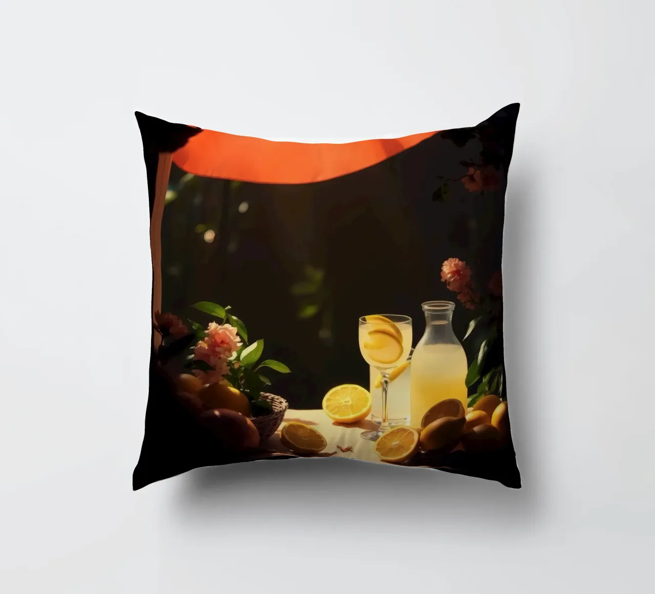 Limonata rinfrescante in un ambiente accogliente con limoni e fiori cuscino da DesignDoodle