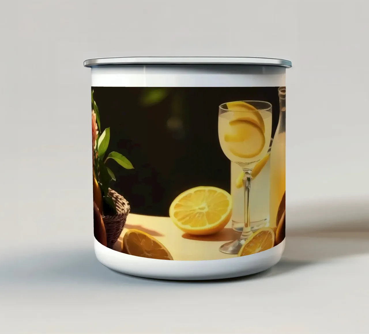 Limonata rinfrescante in un ambiente accogliente con limoni e fiori tazza in smalto da DesignDoodle