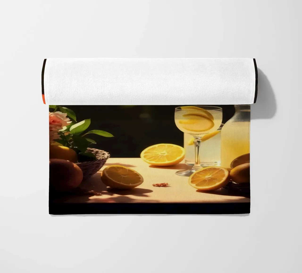 Limonata rinfrescante in un ambiente accogliente con limoni e fiori telo mare da DesignDoodle