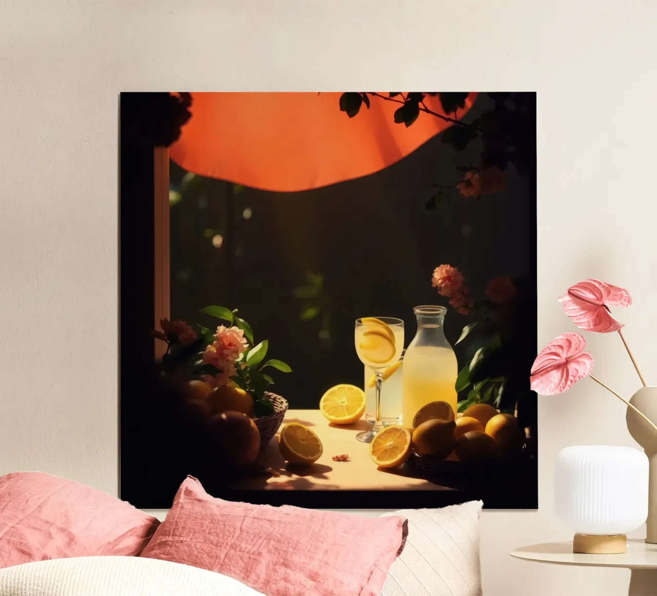 Limonata rinfrescante in un ambiente accogliente con limoni e fiori carta hahnemühle da DesignDoodle