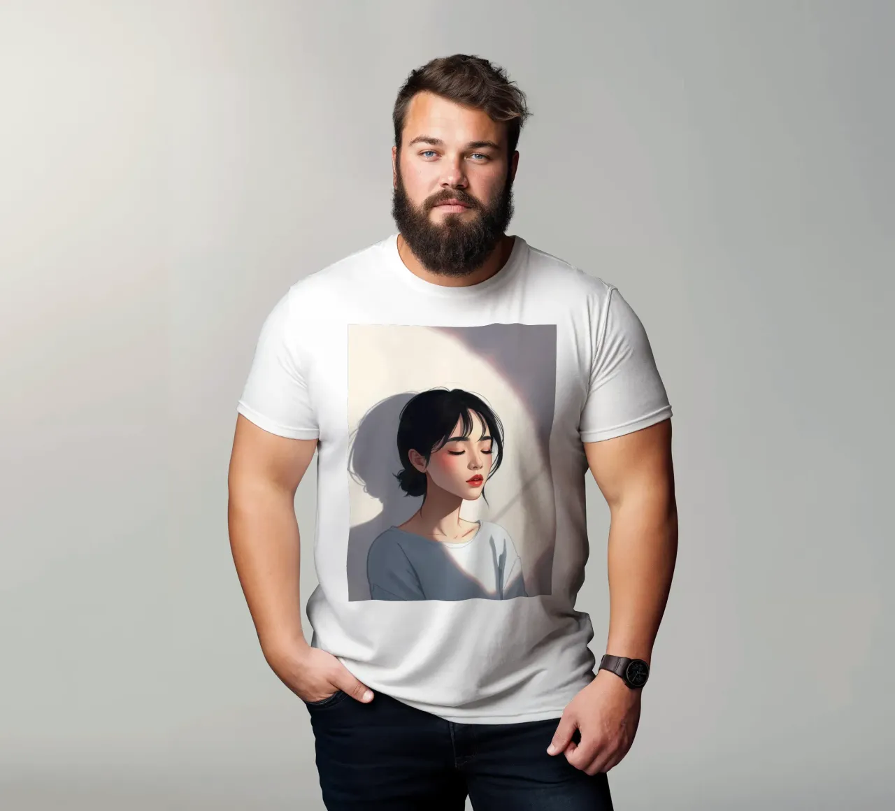 Portrait of a woman with closed eyes soft lighting t-shirt by DesignDoodle