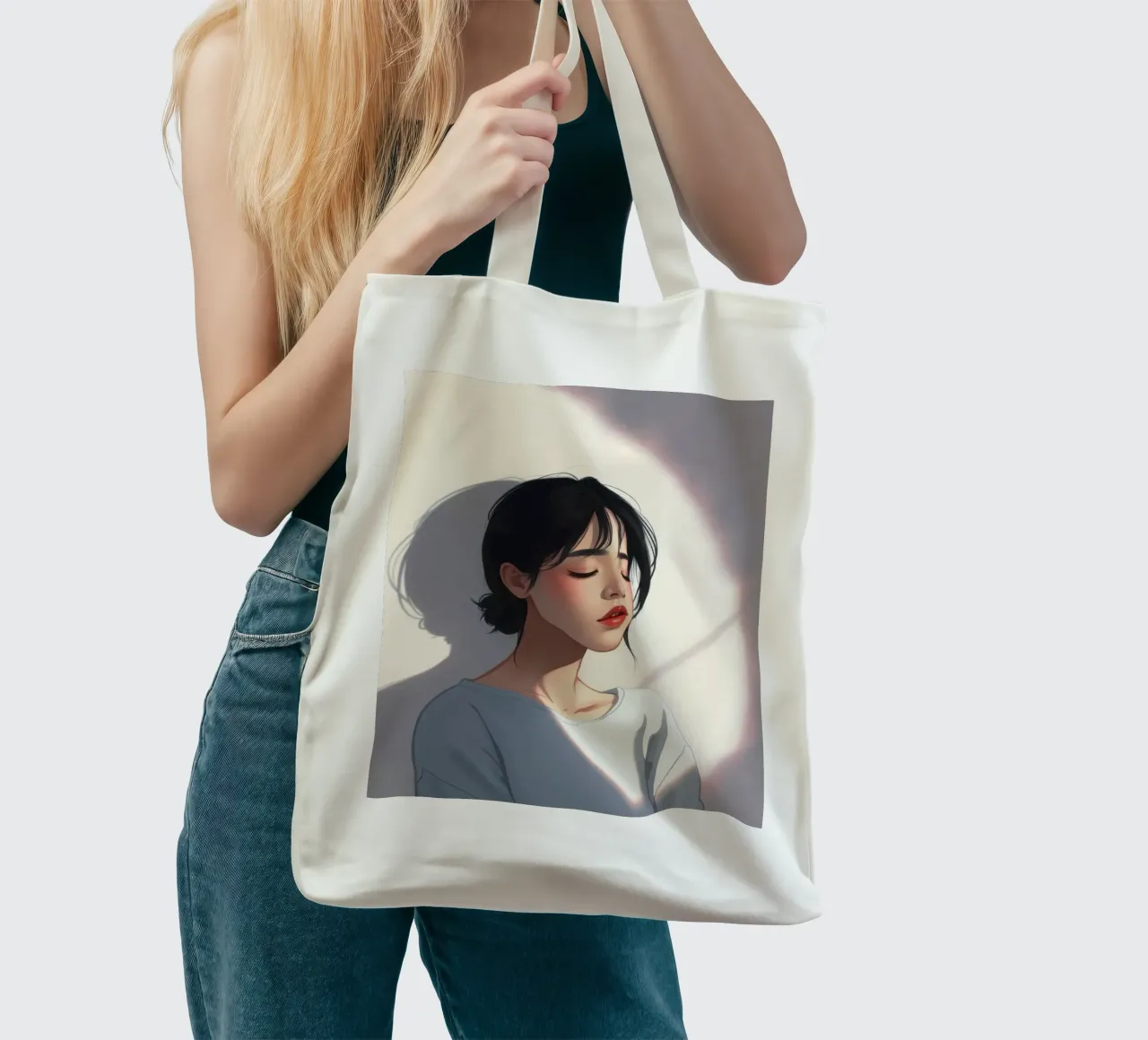 Portrait of a woman with closed eyes soft lighting tote bag by DesignDoodle