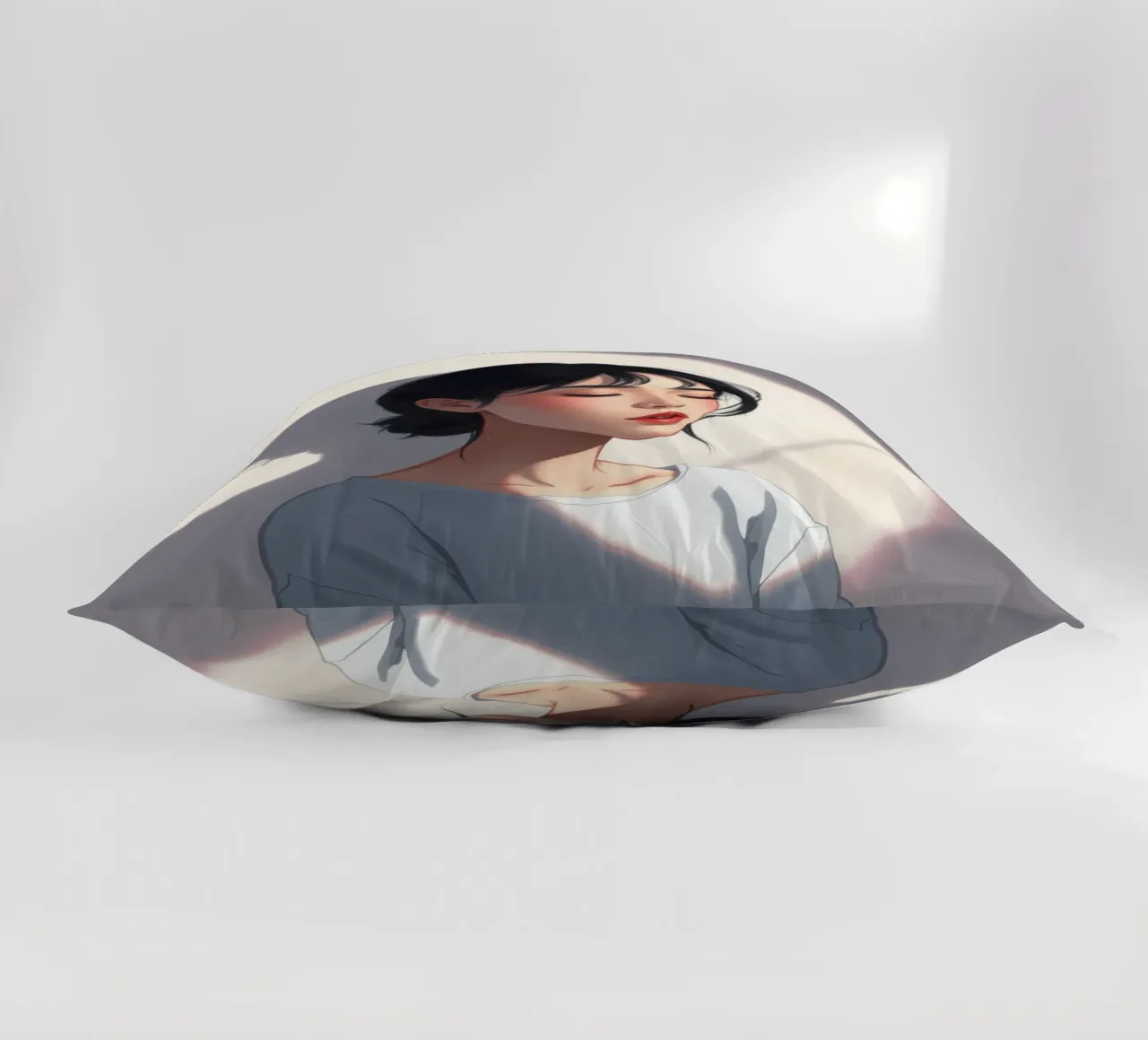 Portrait of a woman with closed eyes soft lighting decorative cushion by DesignDoodle