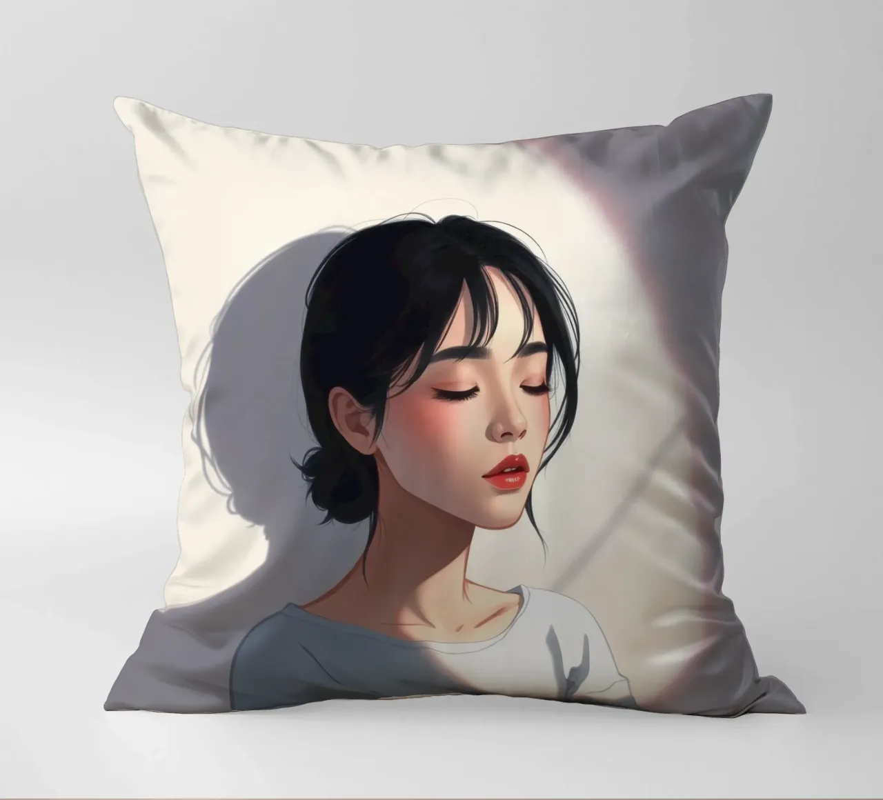 Portrait of a woman with closed eyes soft lighting decorative cushion by DesignDoodle