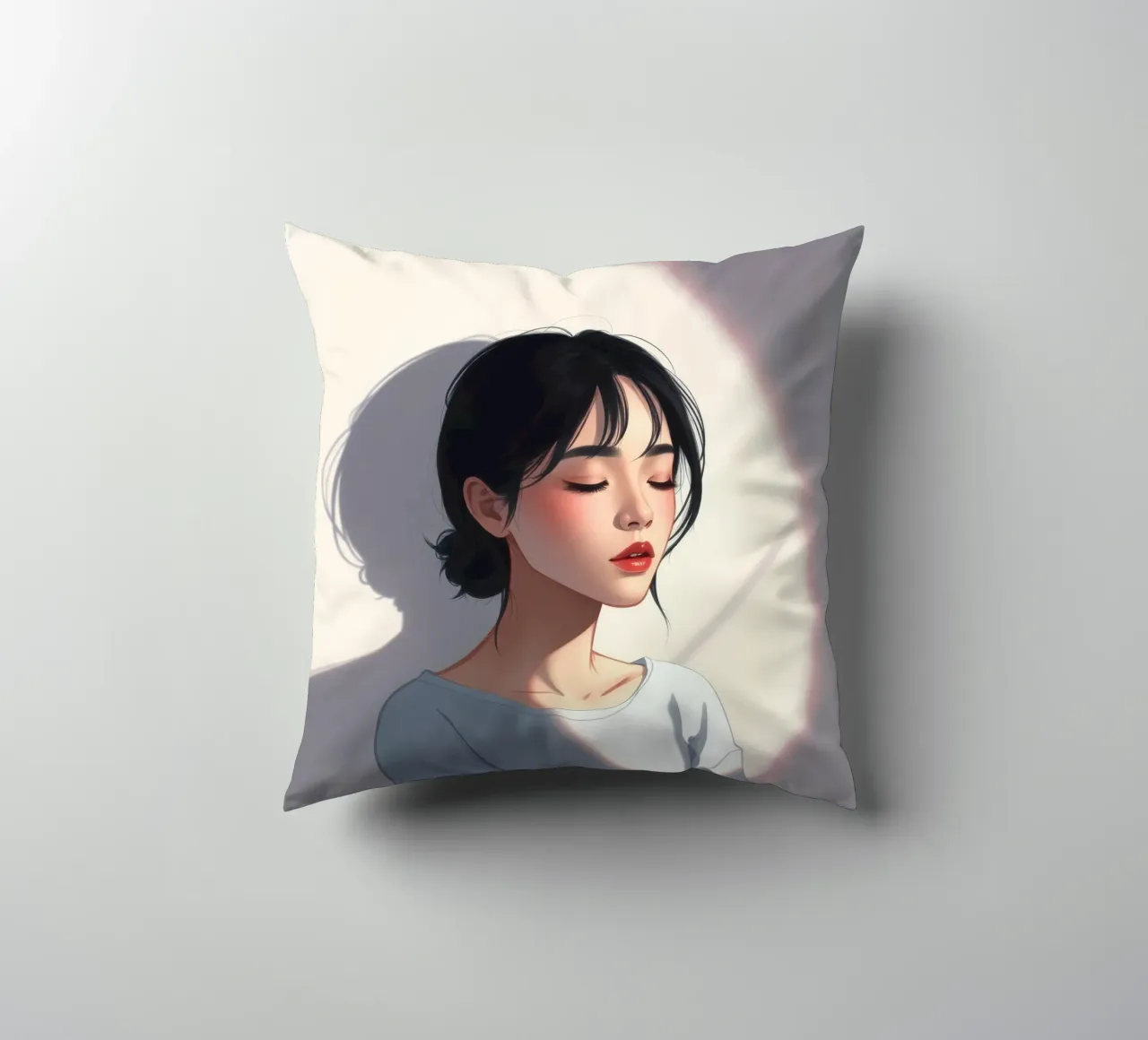 Portrait of a woman with closed eyes soft lighting decorative cushion by DesignDoodle