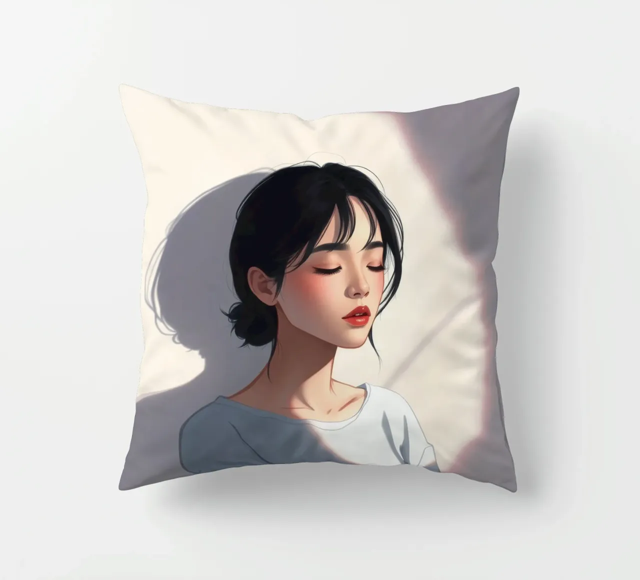 Portrait of a woman with closed eyes soft lighting decorative cushion by DesignDoodle